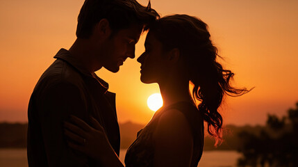 couple at sunset, golden hour lighting, silhouette against vivid sky