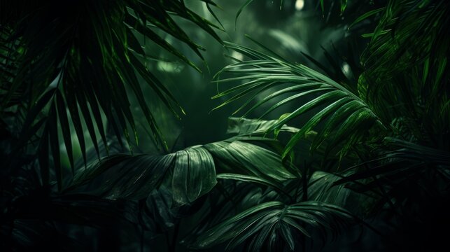 Aerial moody green Tropical green leaf in dark tone, jungle theme