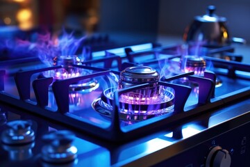Fototapeta na wymiar Gas kitchen stove cook with blue flames burning