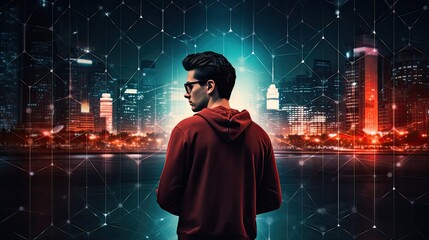 internet network security, featuring a young man in a nighttime setting, a minimalist, modern style, symbolizing the intersection of technology and security.