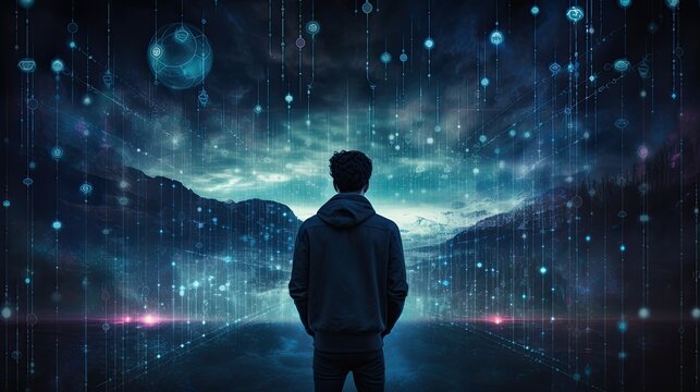 internet network security, featuring a young man in a nighttime setting, a minimalist, modern style, symbolizing the intersection of technology and security.