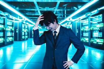 サーバールームで頭を抱えるビジネスマン