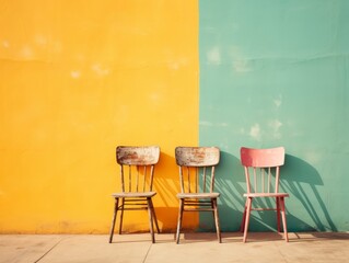 Vintage chairs in front of a shabby colorful wall on a sunny day 