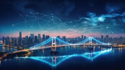 smart network and connection technology, set against the backdrop of city at night, a panoramic view, to symbolize the integration of technology with urban landscapes.