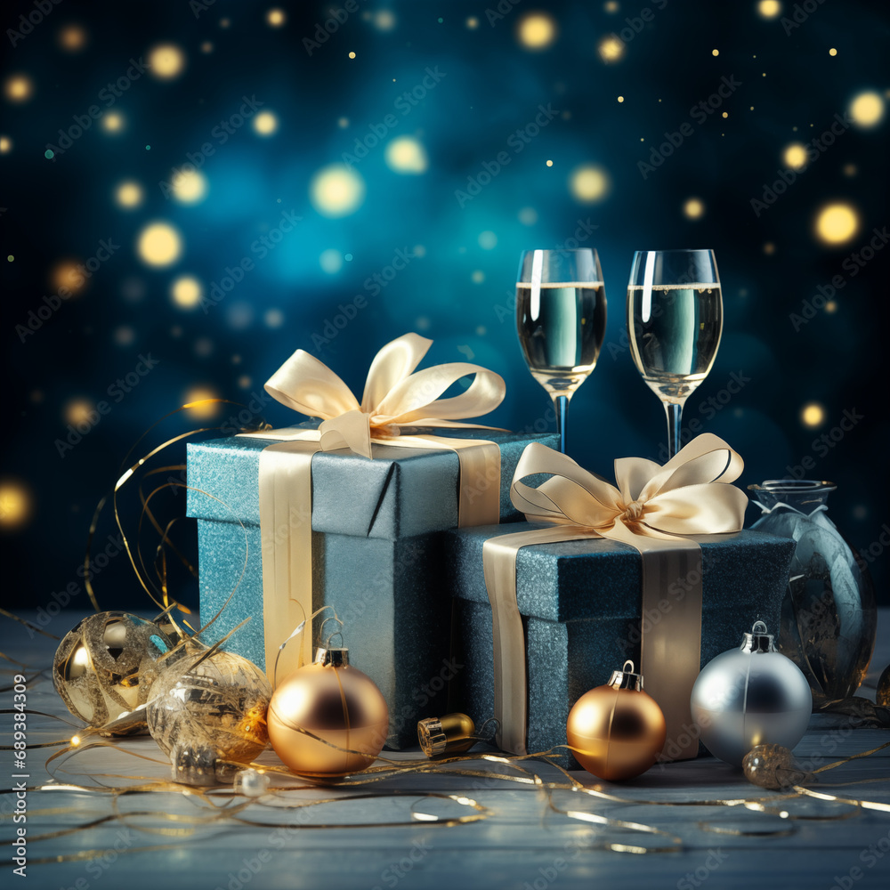 Wall mural christmas gift box with champagne