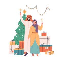 Muslim couple holding sparkler and celebrating Christmas or New Year. Christmas tree with presents. Vector illustration in flat style
