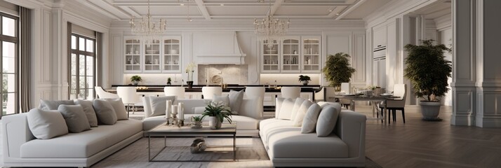 A grand living room with opulent decor seamlessly merging into a pristine white kitchen exuding modern sophistication. 8k