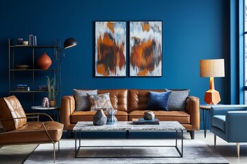 A harmonious blend of contemporary furnishings against a strikingly textured blue wall in a well-lit living area.
