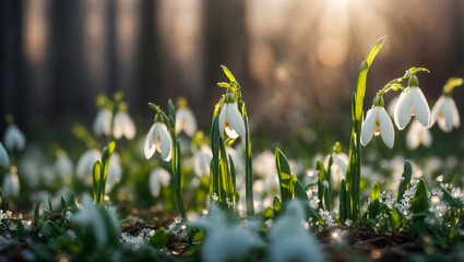 Gorgeous spring flowers snowdrops close up environment