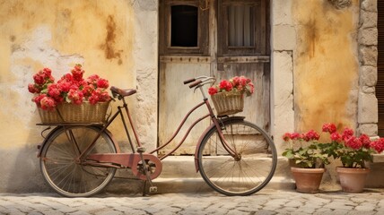 Fototapeta na wymiar an antique bicycle with buckets of flowers parked in front of an old building, emphasizing the vintage charm and simplicity of the scene.