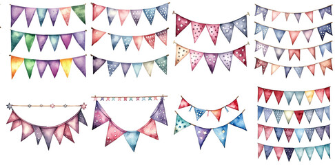 Obraz premium Watercolor multicolored bunting flags clipart set isolated on a white background