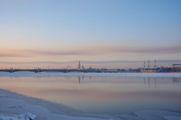 Winter cityscape, Saints Peter and Paul Cathedral and frigate Grace, Saint-Petersburg.