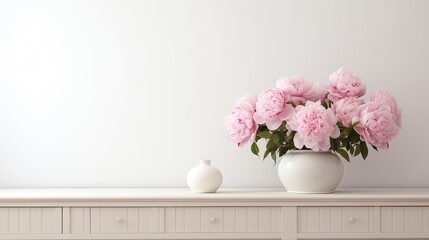 Fototapeta premium bouquet of pink peonies on a chest of drawers on a white background in a modern minimalist style.