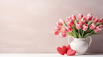 tolpanas or a bouquet of flowers in a white vase with hearts against a white wall