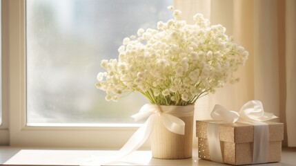 gift box and gypsophila flowers on a light table near the window to provide soft, diffused light to illuminate the scene.