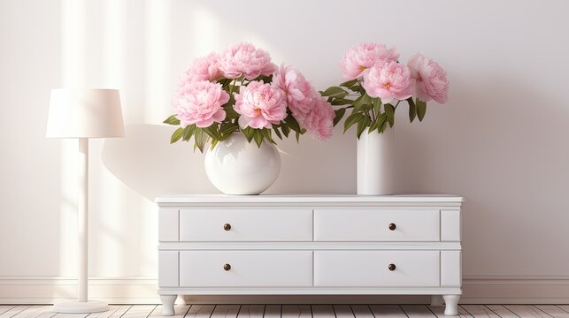 bouquet of pink peonies on a chest of drawers on a white background in a modern minimalist style.