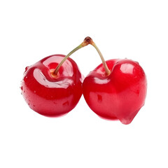 fresh organic half sliced cherry cut in half sliced with leaves isolated on white background with clipping path - obrazy, fototapety, plakaty