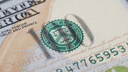 Macro one hundred dollars bill. Close up