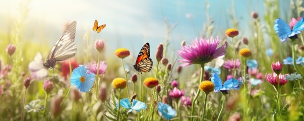 Spring meadow with butterflies  banner