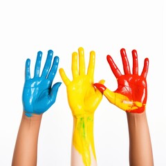 Child hands in line palms in bright paint, yellow red blue color isolated on white background