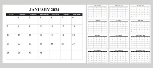 Simple Calendar 2024 sunday start - obrazy, fototapety, plakaty
