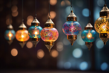 Eid colorful lamps or lanterns for Ramadan and other islamic muslim holidays. - obrazy, fototapety, plakaty