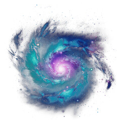 Teal and purple spiral galaxy, transparent background (PNG) - obrazy, fototapety, plakaty