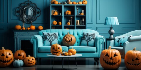 Obraz premium Light blue retro living room full with Halloween pumpkin