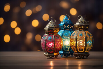 Eid colorful lamps or lanterns for Ramadan and other islamic muslim holidays. - obrazy, fototapety, plakaty