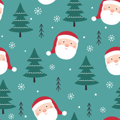 Seamless pattern with Santa Claus. Winter background, Santa, Christmas trees and snowflakes. Vector illustration. It can be used for wallpapers, wrapping, cards, patterns for clothes and other.