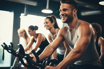 Fit young man in sportswear doing a cycling class in a gym with female friends in the background. - Powered by Adobe