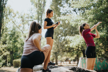 Fit, active females in a city park, enjoying sports activities and training outdoors. They are stretching, warming up, and embracing a healthy lifestyle in a positive atmosphere.
