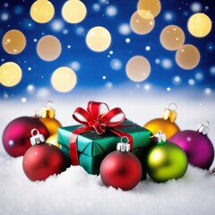 Christmas Gifts box on a snowy background, A bokeh background effect.