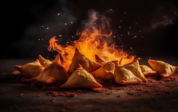 Realistic photo of samosa food with smoke coming out Generative AI