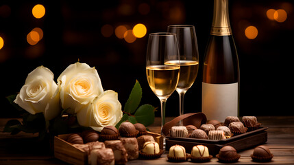 Bottle and two glasses of champagne with white rose flowers and chocolate candies on the table with blurred lights on the background