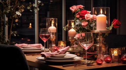 Fototapeta na wymiar Dining room with the table set up for romantic dinner. Saint Valentin celebration