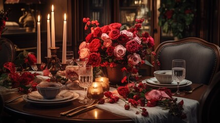 Dining room with the table set up for romantic dinner. Saint Valentin celebration