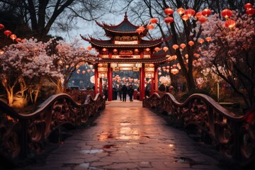 Park decorated for Chinese new year celebration - obrazy, fototapety, plakaty