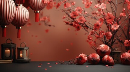 Chinese new year festive background with red decoration - obrazy, fototapety, plakaty