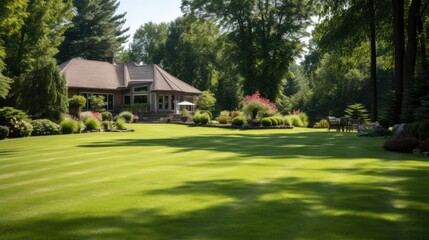Fototapeta premium green fresh manicured lawn of golf court in the morning sunrise.