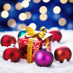 Fototapeta na wymiar Christmas Gifts box on a snowy background, A bokeh background effect.