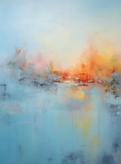 Abstract vertical orientation pallet knife art depicting the glow of sunrise on a snowy horizon.