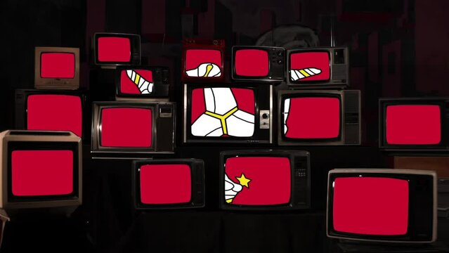 Flag of the Isle of Man and Vintage Televisions. 4K Resolution.