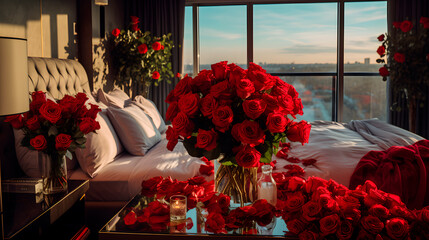 Stylish hotel room full of big beautiful bouqets of red rose flowers