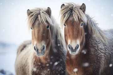Two horses with snowflakes on fur, sharing a tender moment in a snowy landscape.
