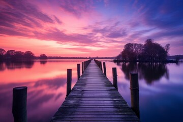 Tranquil dock leading into a serene lake at sunset with vibrant sky reflections.
