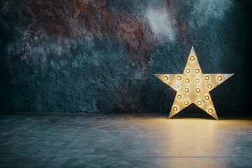 A star-shaped lamp on the floor against a blue textured wall. Background for custom design with space for text. New Year, Christmas, Birthday greeting card idea.