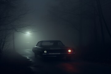 Vintage car with headlights piercing through dense fog on a forest road, evoking mystery and a sense of adventure.
