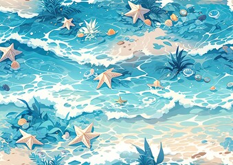 Sea beach pattern, blue surf waves, colored shells and corals on the beach. Generative AI	