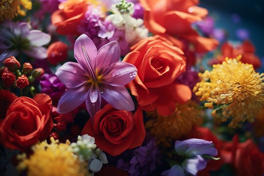 A rich bouquet of assorted flowers in full bloom, showcasing a tapestry of colors and textures, evoking beauty and vitality. © Kishore Newton